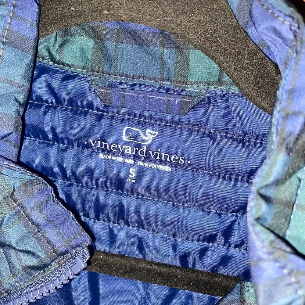 Vineyard Vines Girls Blue Green Plaid Quilted Puffer Vest Youth Size Small